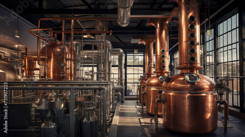 traditional distillery, capturing the essence of copper stills, and a creative perspective showcase the process behind quality spirits photo