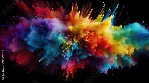 Abstract texture of exploding powder colorful multicolored rainbow color, isolated on black background.