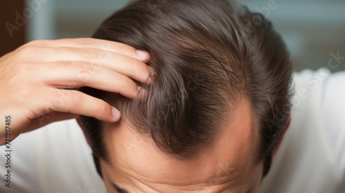 Man Checking Scalp for Hair Loss and Implantation Needs.