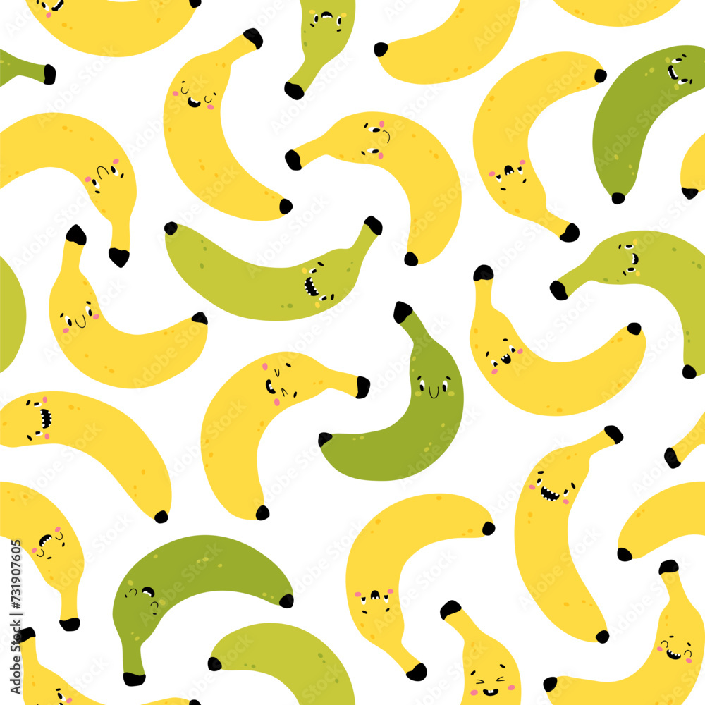 Banana seamless pattern. Funny yellow and green characters with happy faces. Vector cartoon illustration in simple hand drawn scandinavian style. Ideal for printing baby products