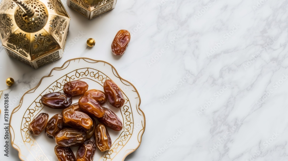 Ramadan Kareem Festive, close up of oriental Lantern lamp with dates on plate on white background. Islamic Holy Month Greeting Card Ramadan Kareem Festive, close up of oriental Lantern lamp with dates on plate on white background. Islamic Holy Month Greeting Card