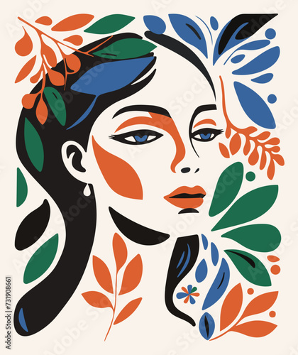 Abstract woman portrait in retro cubism style. Female face collage in modern art design. Modern vertical poster, card. Vector illustration