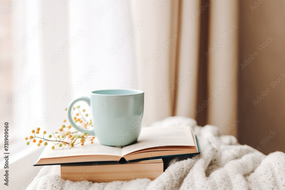 Hygge style bright interior with books and a cup of coffee. Cozy homely atmosphere
Hygge style bright interior with books and a cup of coffee. Cozy homely atmosphere