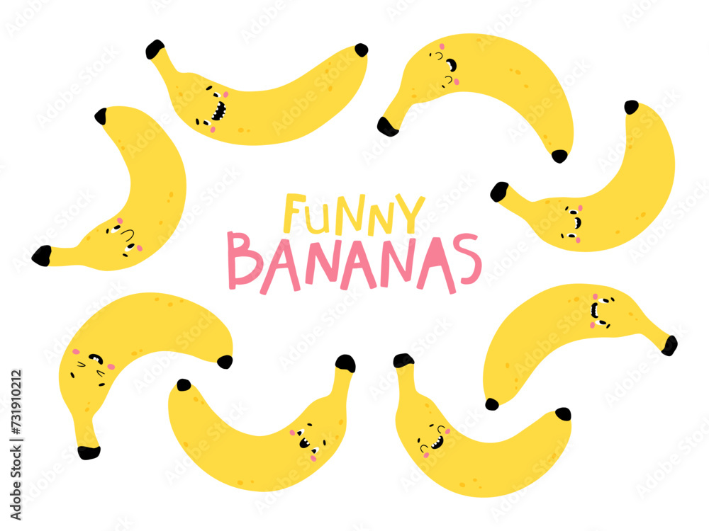 Banana fruit collection. Funny characters with happy faces. Vector cartoon illustration in simple hand-drawn Scandinavian style. Ideal for printing baby products