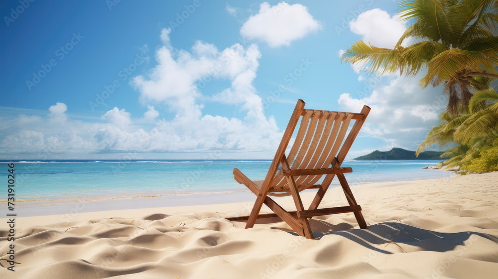 Holiday bliss. Empty deck chair on the tropical sandy beach, blue sky turquoise ocean
