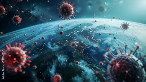 Illustration of X virus cells over world map. Concept of pandemic disease