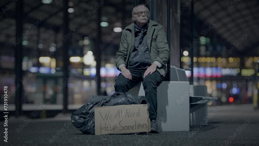 Elderly Homeless Man Suffering from Poverty Looking for Help at Train Station Elderly Homeless Man Suffering from Poverty Looking for Help at Train Station