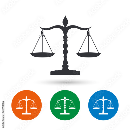 Scales of justice icon. Court of law symbol. Flat scale signs in circles. Round buttons for web. Vector illustration