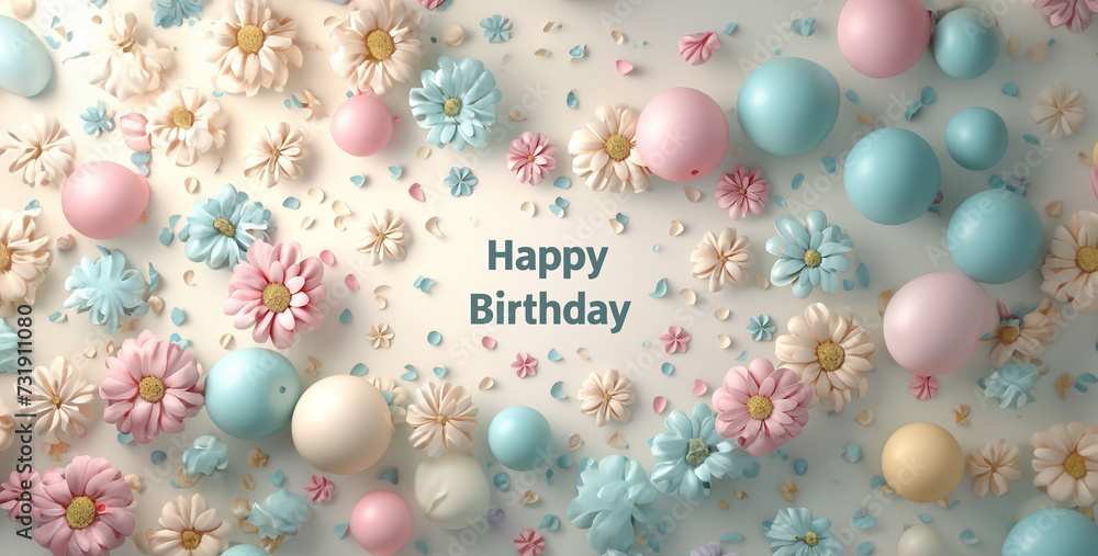 Happy Birthday greeting card with colorful balloons and confetti on blue background,Happy Birthday greeting card with balloons, confetti and stars. 3D Render Happy Birthday greeting card with colorful balloons and confetti on blue background,Happy Birthday greeting card with balloons, confetti and stars. 3D Render
