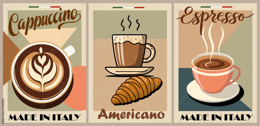 Coffee poster design set in retro mid century modern style. Label collection, template for coffee shop. Vintage vector illustrations of coffee, cappuccino cups top view. Coffee shop sign, logo, banner