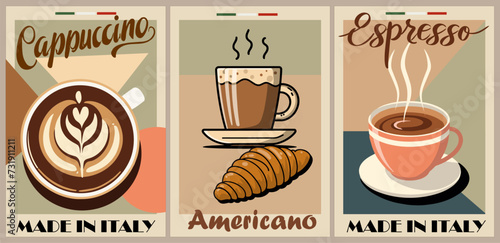 Coffee poster design set in retro mid century modern style. Label collection  template for coffee shop. Vintage vector illustrations of coffee  cappuccino cups top view. Coffee shop sign  logo  banner