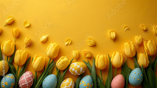 sfondo giallo contornato da uova di pasqua e tulipani , spazio per testo photo