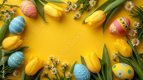 sfondo giallo contornato da uova di pasqua e tulipani , spazio per testo photo