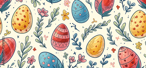 pattern pasquale con uova , coniglietti e fiori di Pasqua, ideale come carta da pacchi o carta da parati, sfondo per pasqua photo