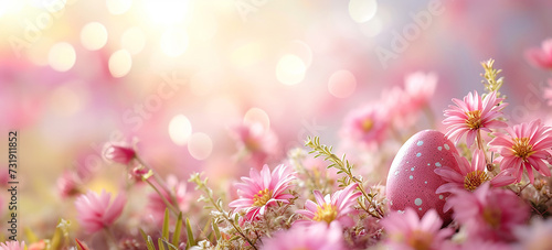 sfondo di Pasqua rosa con uova e fiori , effetti bokeh, formato banner con spazio per testo photo