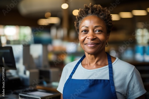 Smiling portrait of a middle aged waitress in cafe or bar © Vorda Berge