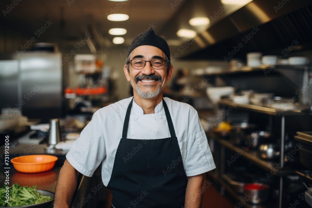 Portrait of a middle aged chef in a commercial kitchen Portrait of a middle aged chef in a commercial kitchen