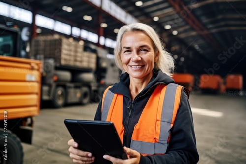 Portrait of a middle aged female engineer with tablet in warehouse