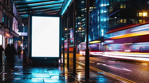 Empty Urban Billboard at Night, Ready for Mockup Display. photo