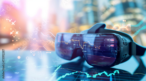 Virtual reality glasses lying on a desk, suggesting the use of VR in modern trading and market analysis, trader concept, dynamic and dramatic compositions, with copy space