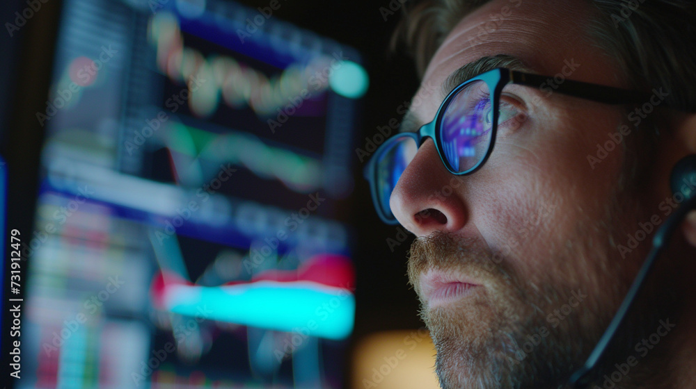 A tense moment captured as a trader watches a sudden market spike, with screens showing live trading data around, trader concept, dynamic and dramatic compositions, with copy space A tense moment captured as a trader watches a sudden market spike, with screens showing live trading data around, trader concept, dynamic and dramatic compositions, with copy space