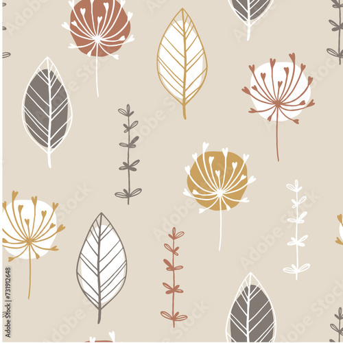 Scandinavian minimalist seamless pattern with hand-drawn leaves and herbs. Abstract spots and simple doodle lines in a pastel palette. Vector background ideal for printing textile  fabric  wrappers.