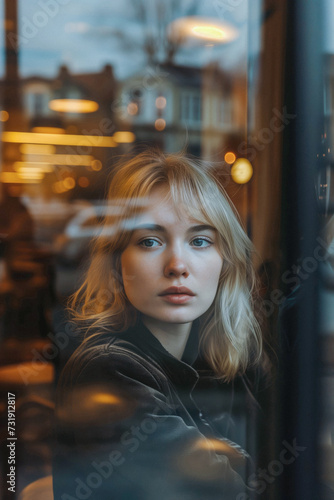 Caucasian woman looking through the glass of a coffee shop