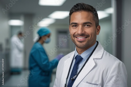 Cheerful and confident hispanic male in hospital looking at camera