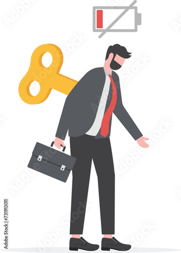 Tired businessman with Clockwork key and empty battery. Professional burnout or long working day concept. They lack motivation and energy to do work. Vector illustration
