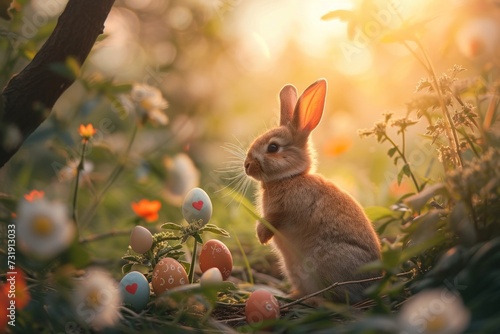 Easter Bunny in a Decorated Forest at Sunrise