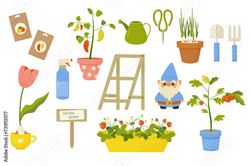 Garden set on balcony. urban gardening, vegetables in pots , spring planting. tomatoes, peppers, stock, onions, seeds. Vector illustration