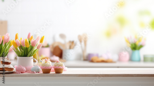 Easter themed eggs on the kitchen worktop with bright sunshine and flowers in the background. Space for text and Easter themed message