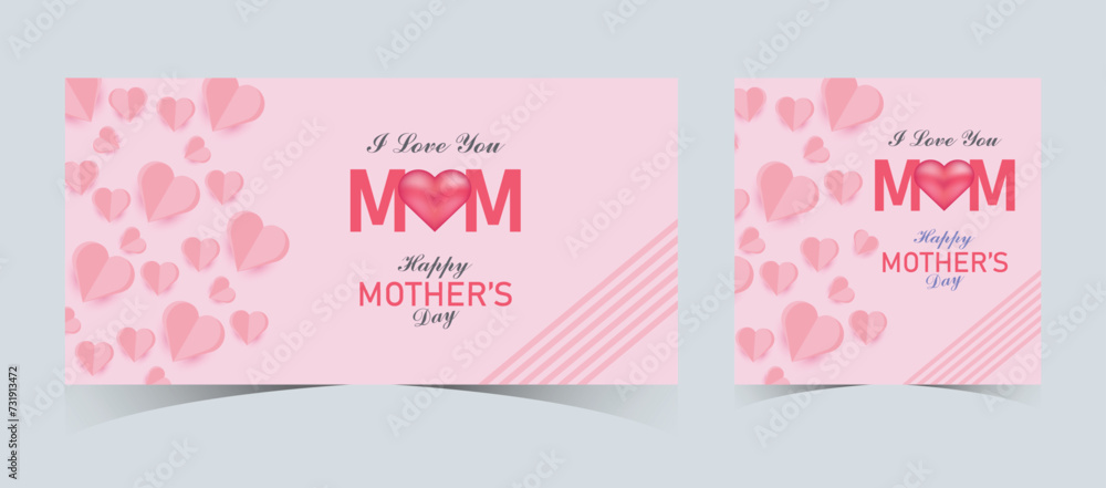 Set of Happy Mother's Day Web Banners and Post Templates. Mother's Day Greeting Card with 3d Love Balloons. Happy Mom Love Sign with Heart and Flowers. Flying Pink Paper Hearts. Mom Love Background