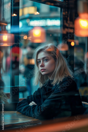 Caucasian woman looking through the glass of a coffee shop