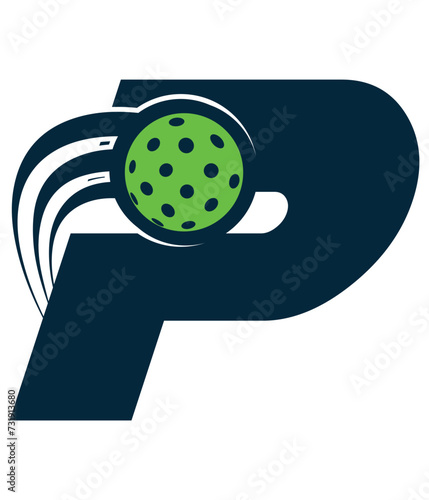 A beautiful flying pickleball logo vector over the letter P. You can use it as club logo, banner design etc.