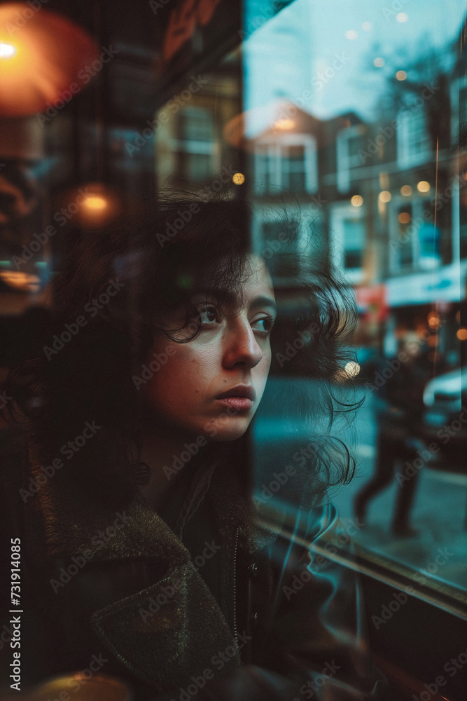 Woman looking through the glass of a coffee shop