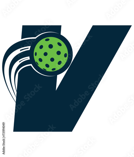 A beautiful flying pickleball logo vector over the letter V. You can use it as club logo, banner design etc.