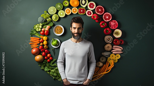 A man with different healthy foods in the background arranged in a cross