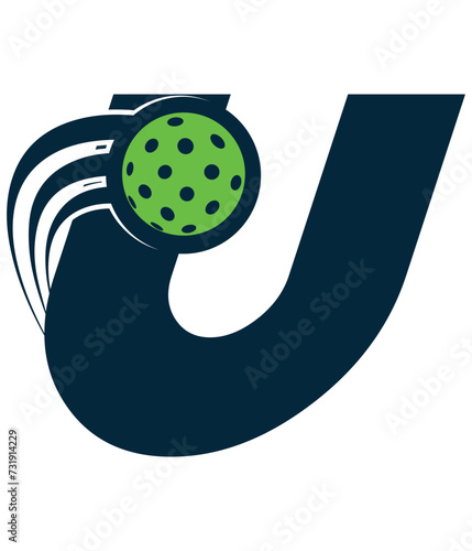 A beautiful flying pickleball logo vector over the letter U. You can use it as club logo, banner design etc.