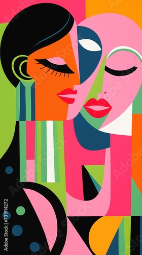 abstract face contemporary portrait of couple lover in artistic modern style, Generative Ai