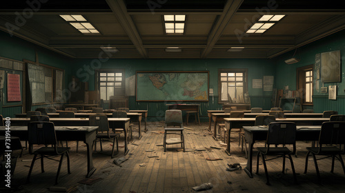 Educational Relic: An obsolete classroom frozen in time, portraying a stark and forlorn ambiance, perfect for conveying a sense of abandoned academic history in design projects