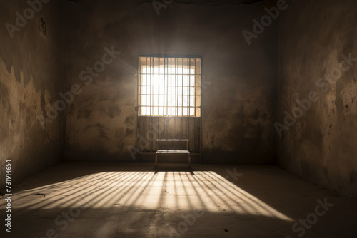 A solitary prison cell illuminated by shafts of light through barred windows, capturing the essence of isolation and hope for redemption. Glimpse of Freedom.