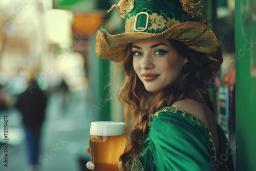 woman in festive St. Patrick's Day costume holding beer