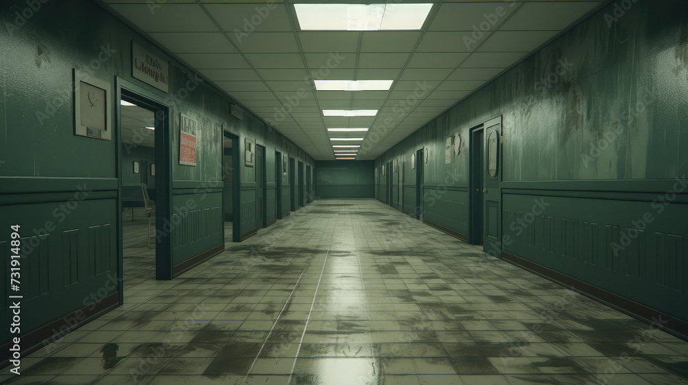 Fototapeta premium Empty school corridor, An empty educational corridor speaks volumes with its symmetrical lines, clean design, and the promise of knowledge. A canvas of potential for innovative minds.