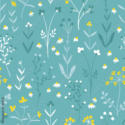 Floral seamless pattern of small flowers. Vector illustration in simple hand-drawn Scandinavian style. The limited pastel palette is ideal for textiles, fabrics, wallpapers, packaging