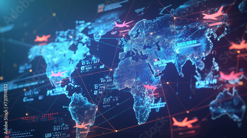 Visualizing the pulse of the global economy: Interactive digital map with detailed icons representing ships, planes, and cargo containers across futuristic global trade routes.