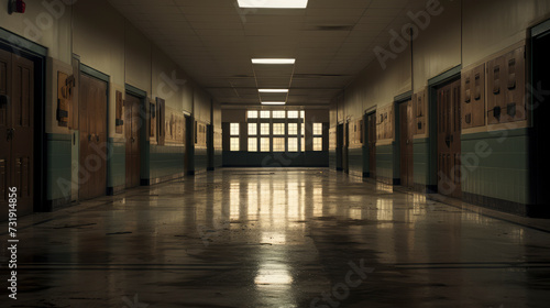 Empty school corridor, An empty educational corridor speaks volumes with its symmetrical lines, clean design, and the promise of knowledge. A canvas of potential for innovative minds.