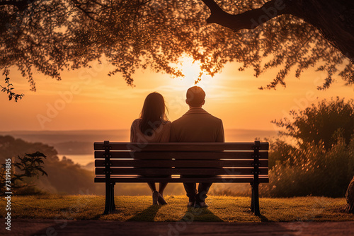 Paar sitzt auf einer Bank und genießt den Sonnenuntergang