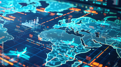 Futuristic control center monitors international transactions with a digital map of global trade routes, featuring transport icons for ships, planes, and cargo, depicting the interconnected global mar