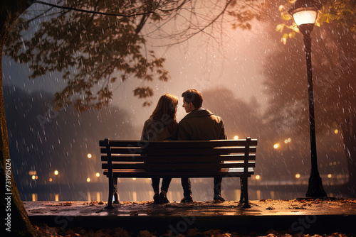 Verliebtes Paar sitzt auf einer Bank in der Nacht 